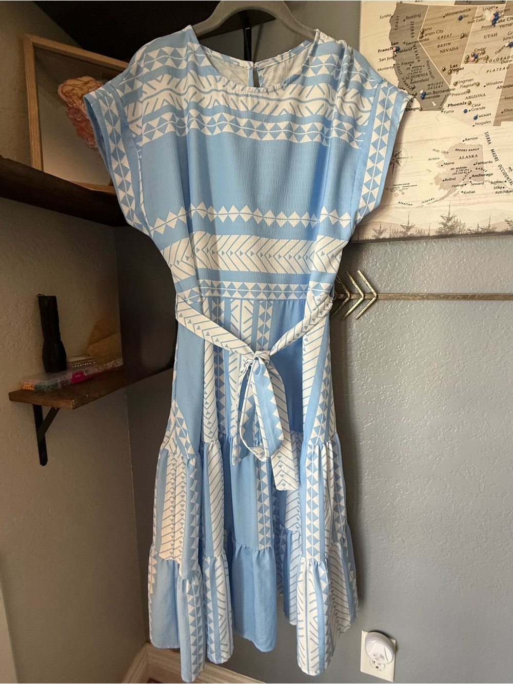 lovestitch Light Blue & White Geo Print Midi Dress with Tie Belt